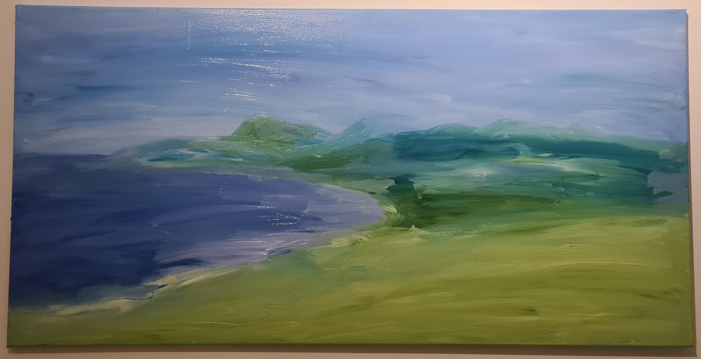 Early stage acrylic painting showing initial color masses and foundational shapes