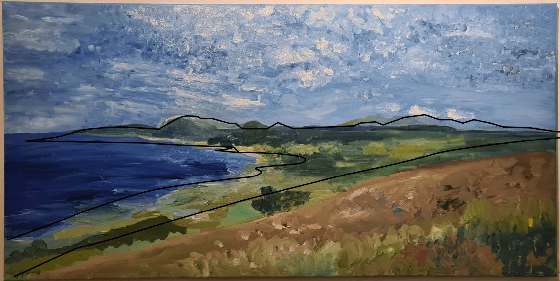 Acrylic painting with digital overlay showing wireframe lines for QA comparison