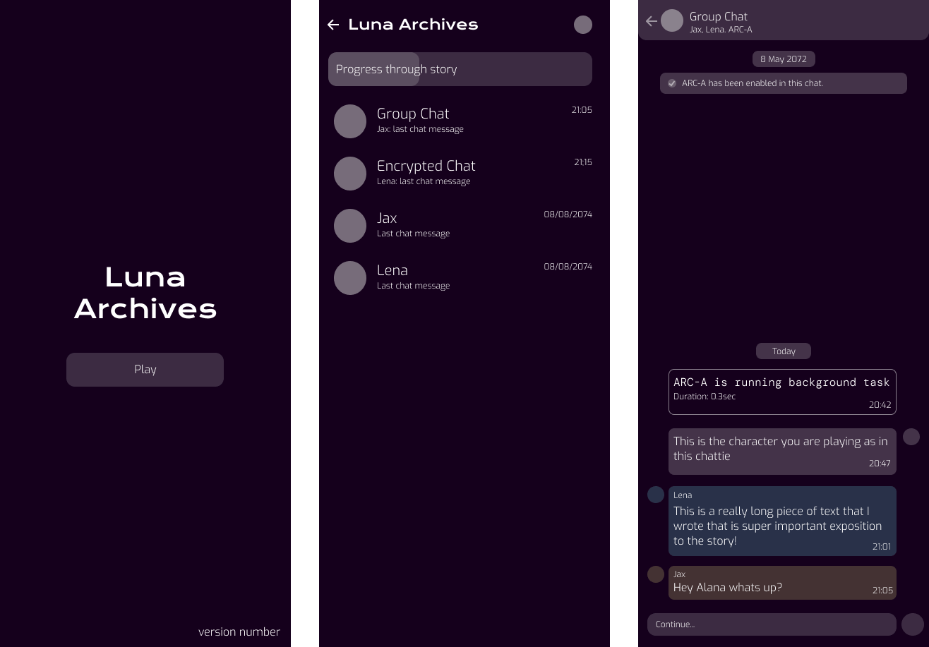 Luna Archives Figma designs showing home screen, inbox interface, and chat conversation screens
